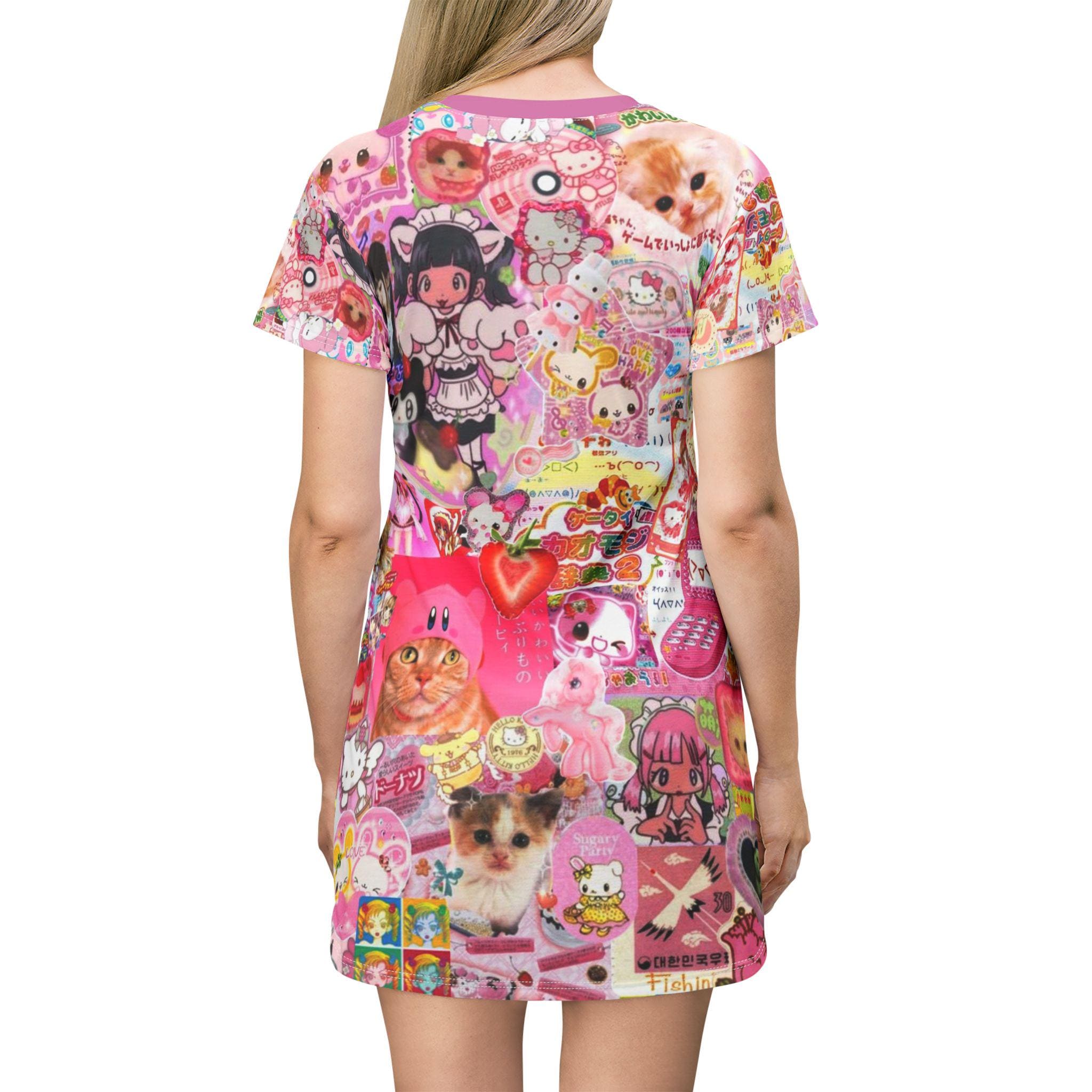 Kawaii T-Shirt Dress: Pink Pastel AOP, Fun Summer Outfit - Kitty TeeHees