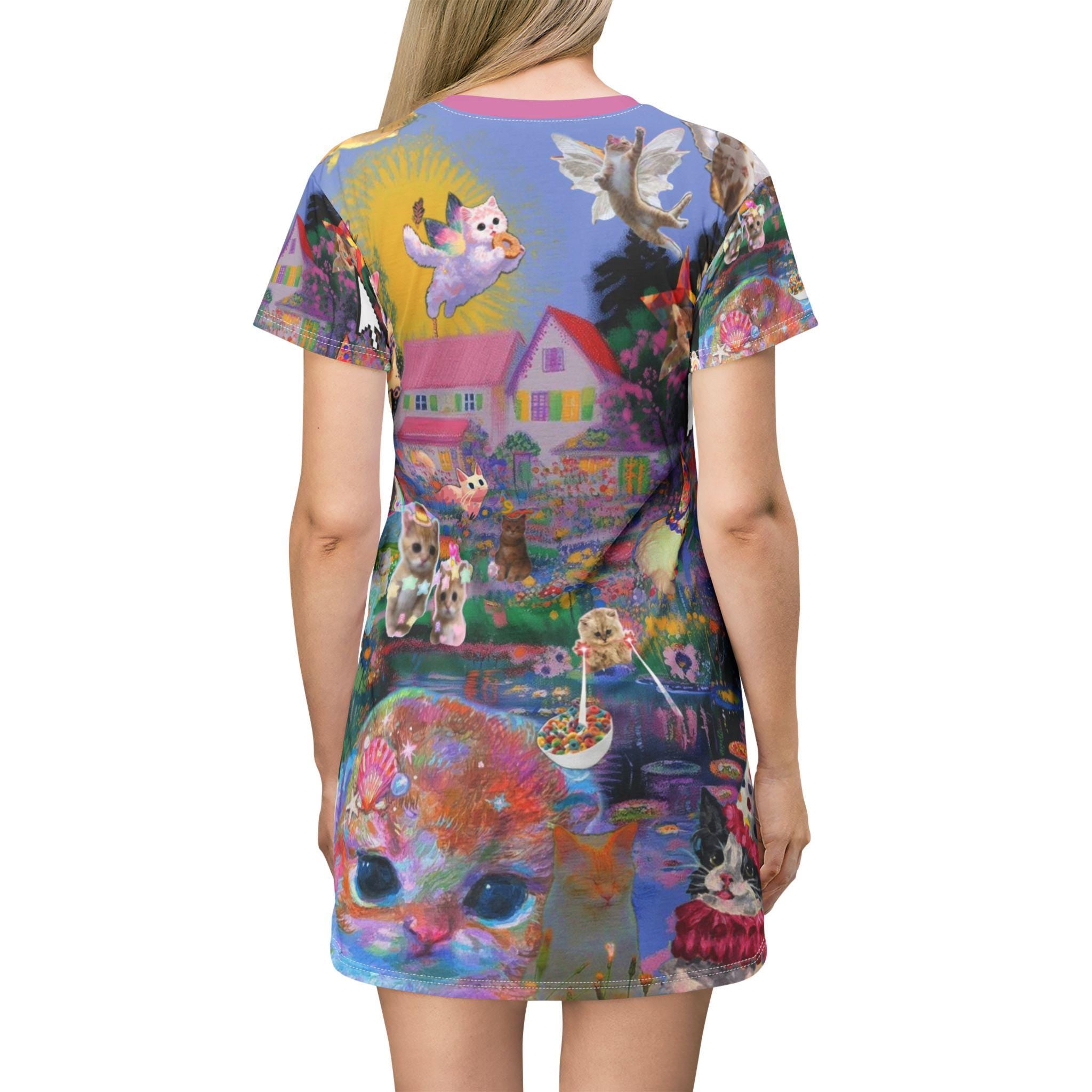 Kidcore Cat T-Shirt Dress, Maximalist Clown Cat Print - Kitty TeeHees