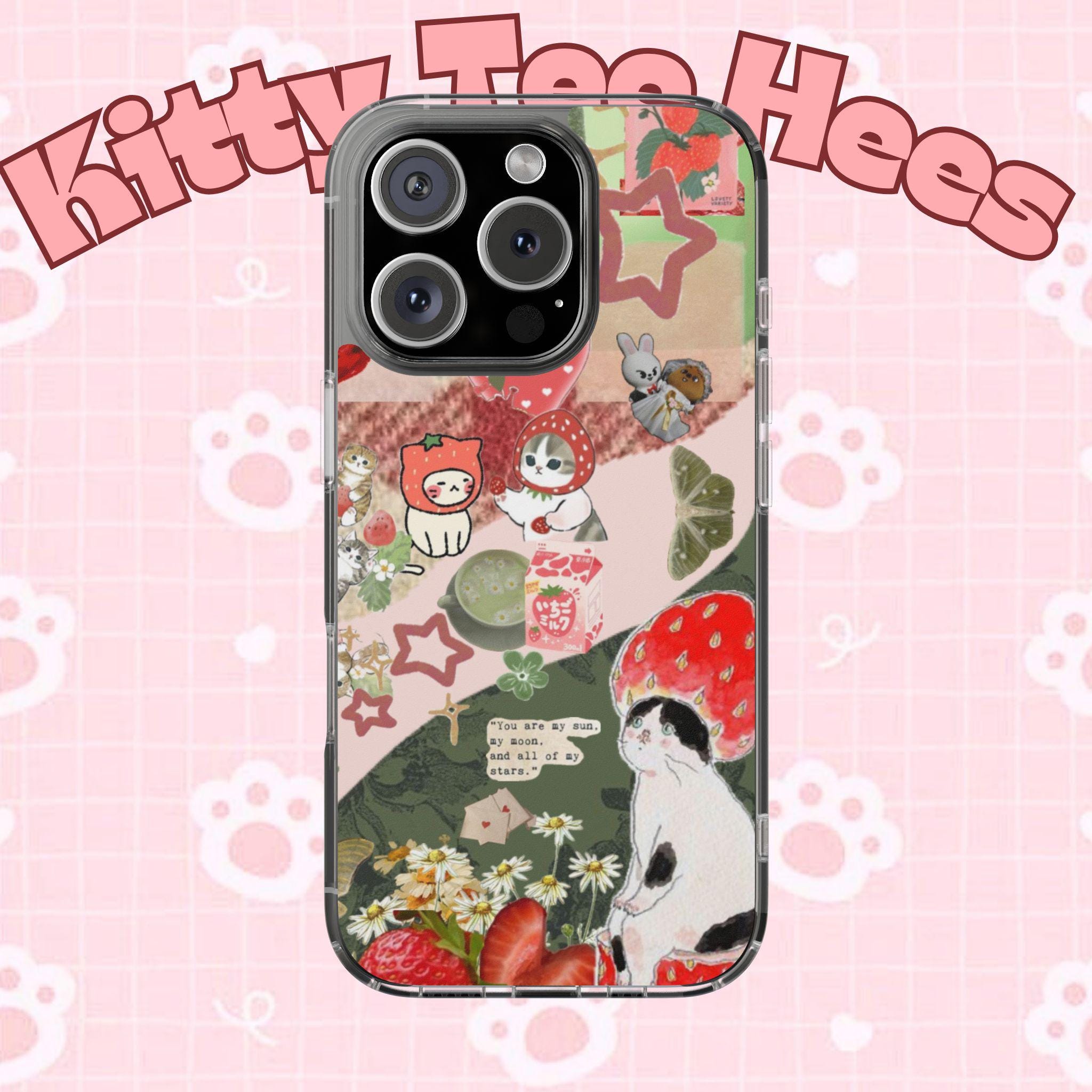 Strawberry head cat phone case, iphone 17 case,Cute Animal Clear Phone Case, Whimsical Nature Design, Perfect Gift for Cat Lovers - Kitty TeeHees