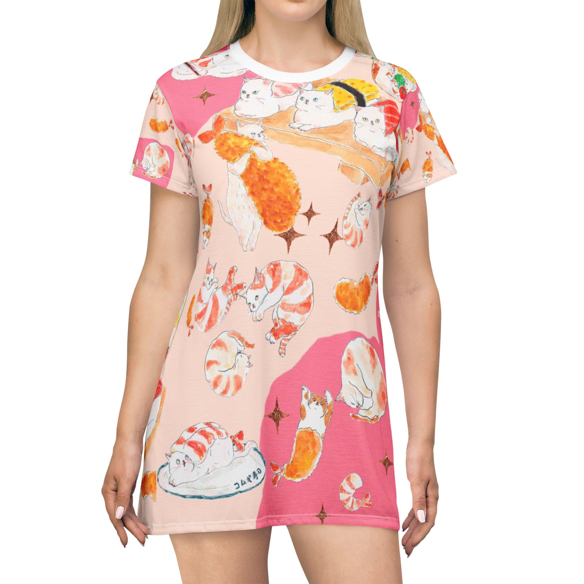 Sushi Cat T-Shirt Dress, Whimsical Pet Lover Outfit - Kitty TeeHees