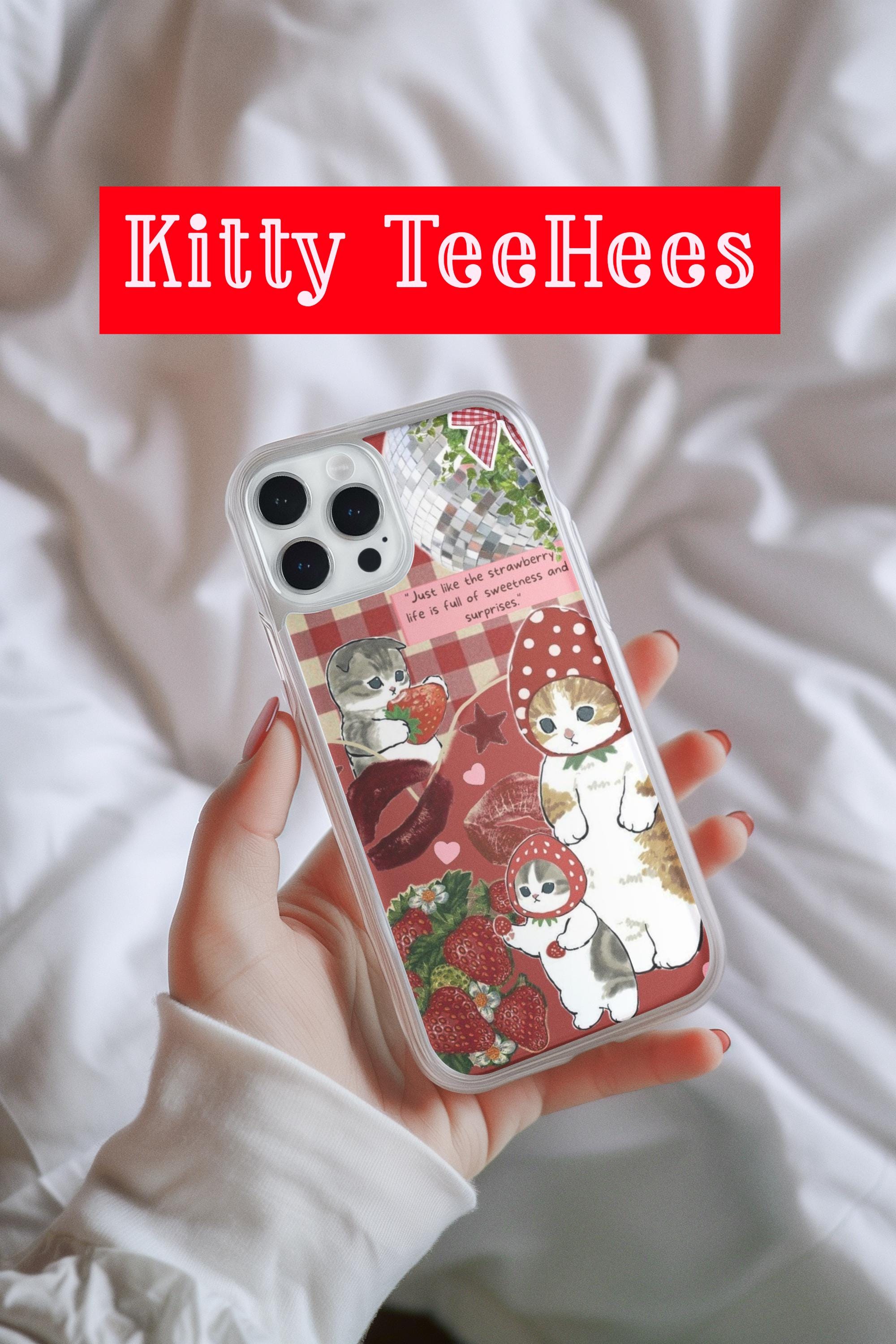 Strawberry cat Phone Case, Custom Aesthetic Collage Cat Floral Ghost Witchy Celestial Pixel Vintage Nature Phone Case Gift - Kitty TeeHees