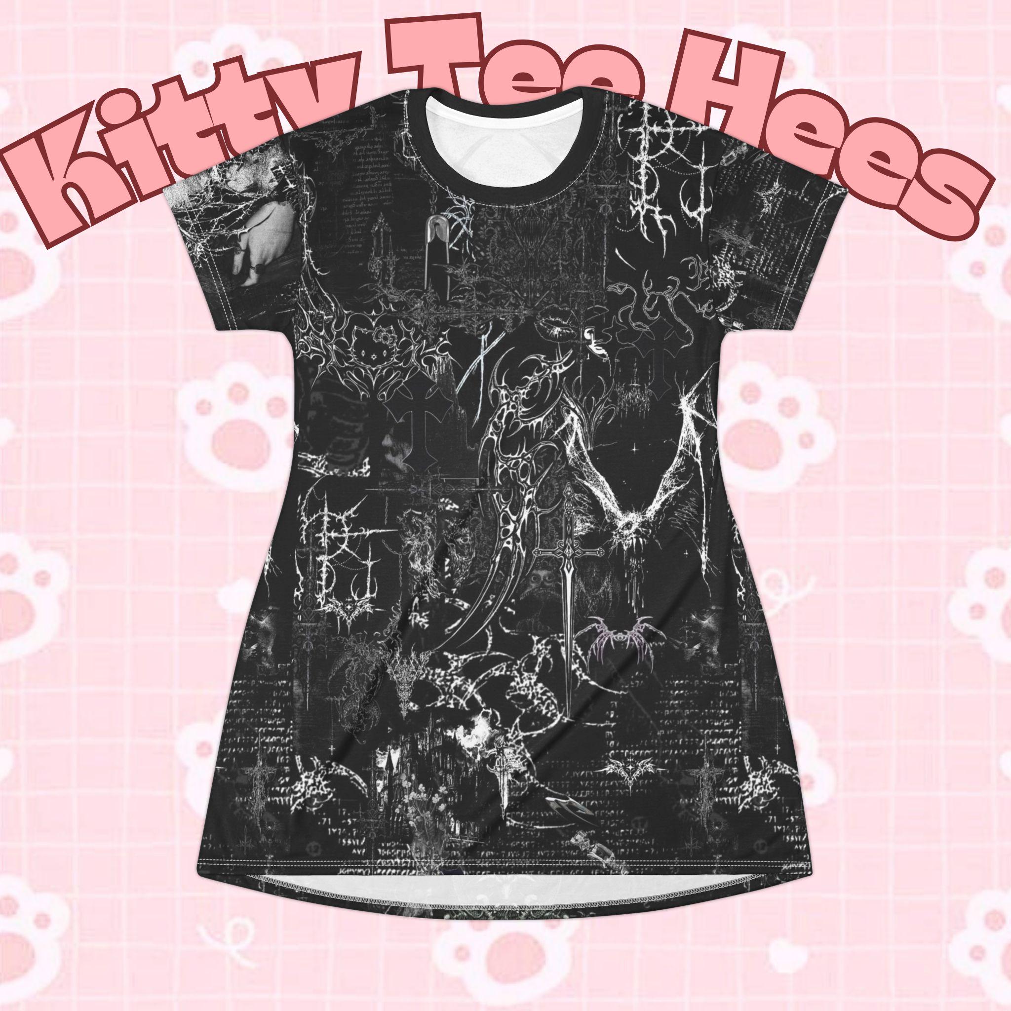 Gothic T-Shirt Dress, Dark Aesthetic Apparel, catlover dress Witchy Fashion, Casual Summer Dress, Alternative Style Dress, Spooky Outfits - Kitty TeeHees