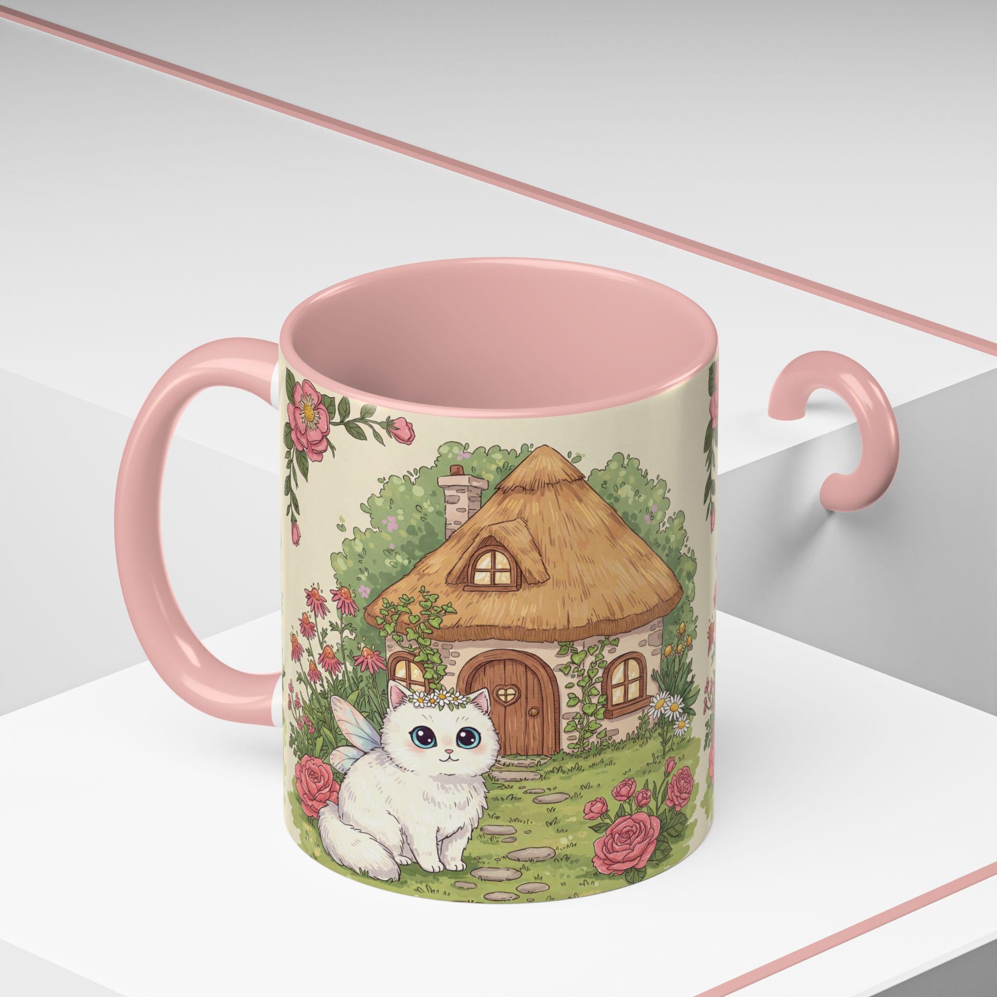 Cottage Fairy Cat Coffee Mug: Whimsical Floral Design - Kitty TeeHees