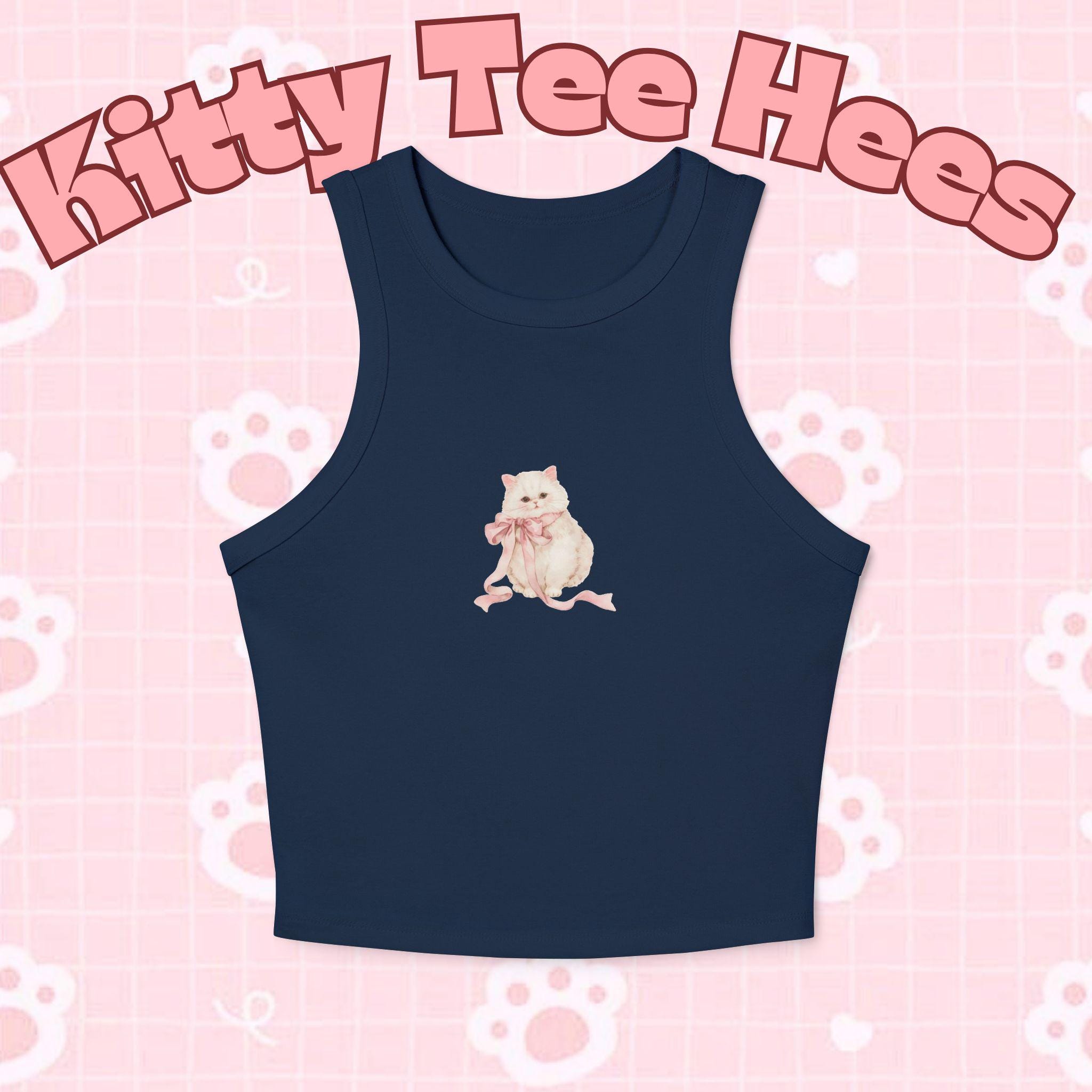 Pink Kitty Bow Racerback Tank Top, Cat Lover Summer Fashion - Kitty TeeHees