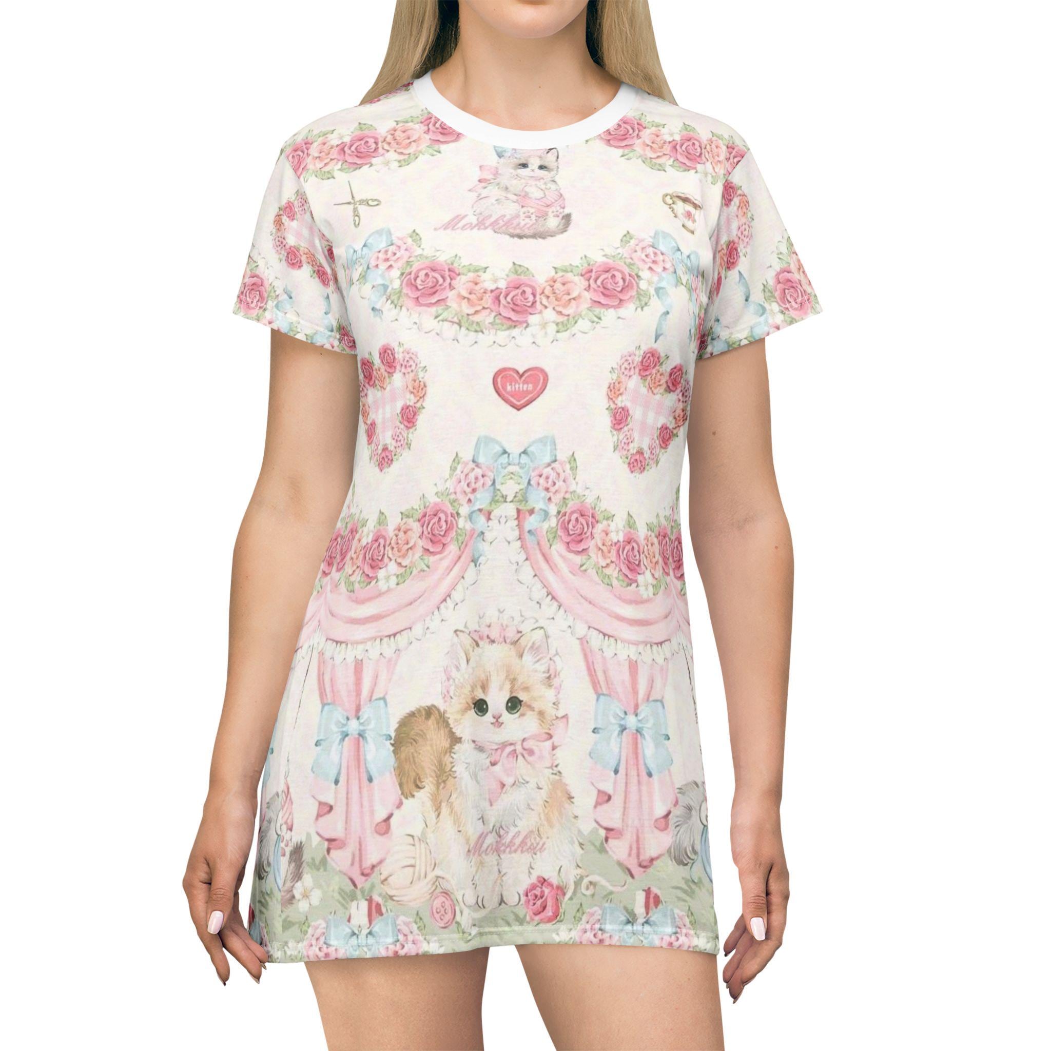 Decorated rose kitty Vintage Floral T-Shirt Dress, Cute Summer Dress, Girly AOP Dress, lolita Fashion, Pet Lover Gift, Floral Casual Wear - Kitty TeeHees