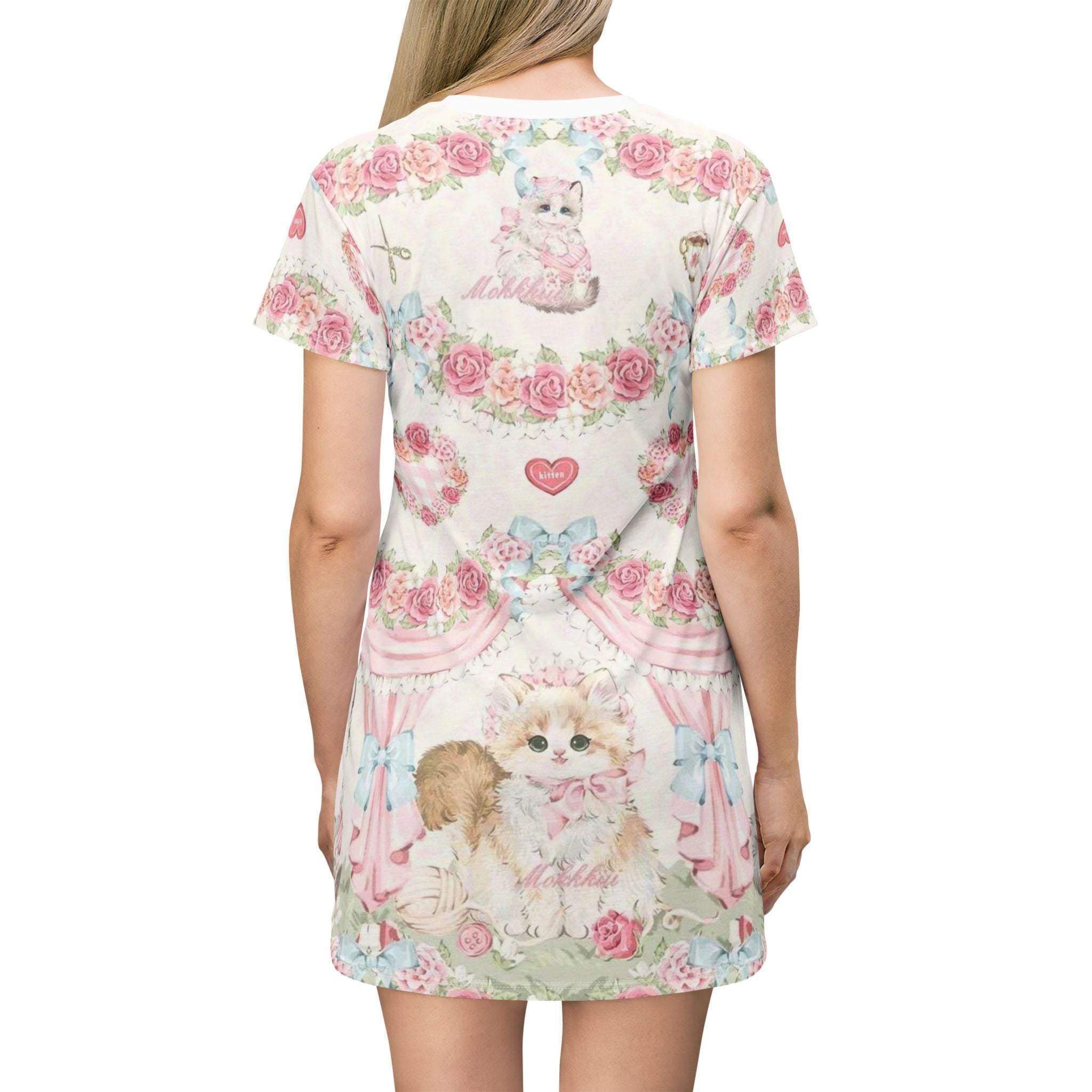 Decorated rose kitty Vintage Floral T-Shirt Dress, Cute Summer Dress, Girly AOP Dress, lolita Fashion, Pet Lover Gift, Floral Casual Wear - Kitty TeeHees