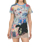 Whimsical Floral T-Shirt Dress | Black Cat Art, Bohemian Style - Kitty TeeHees