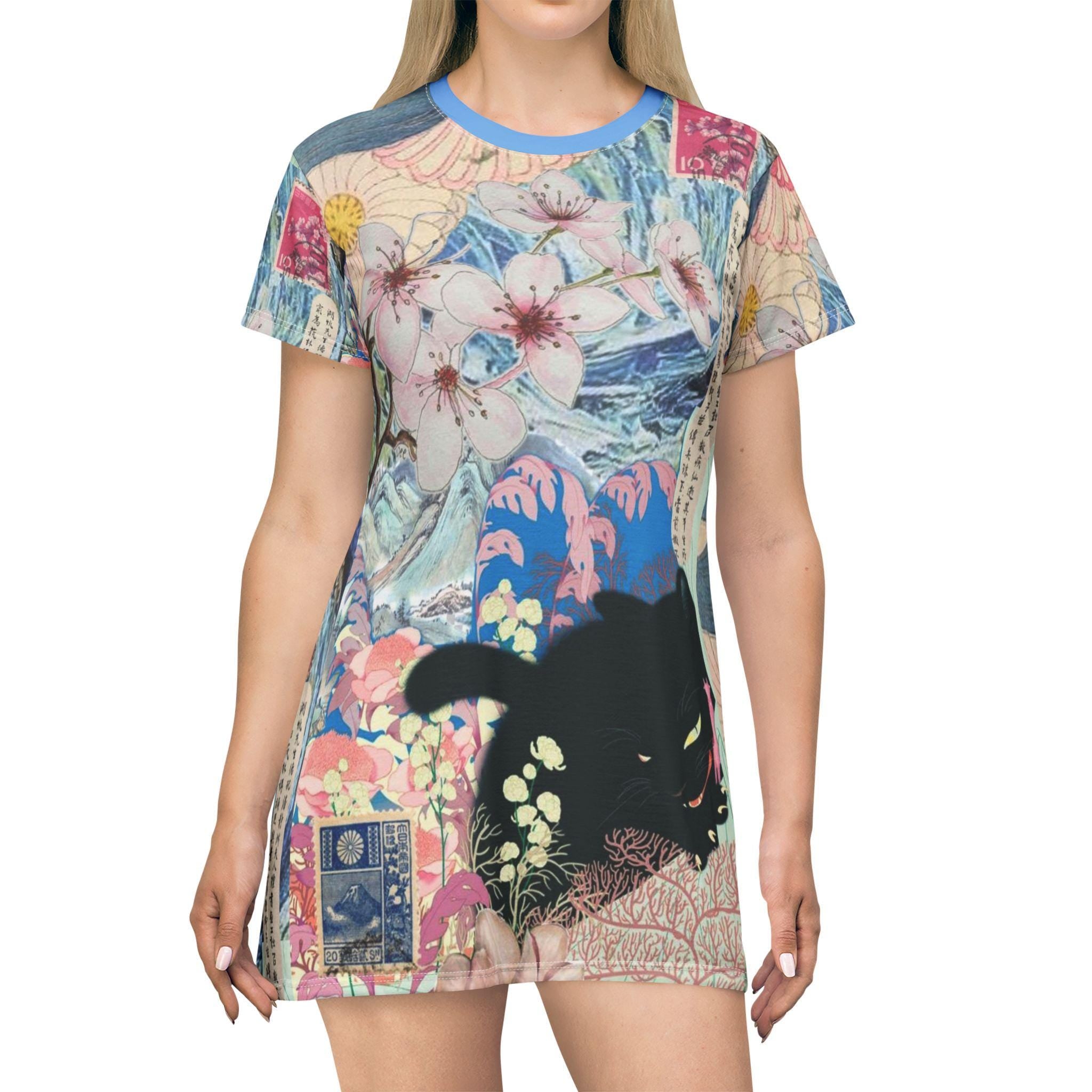 Whimsical Floral T-Shirt Dress | Black Cat Art, Bohemian Style - Kitty TeeHees