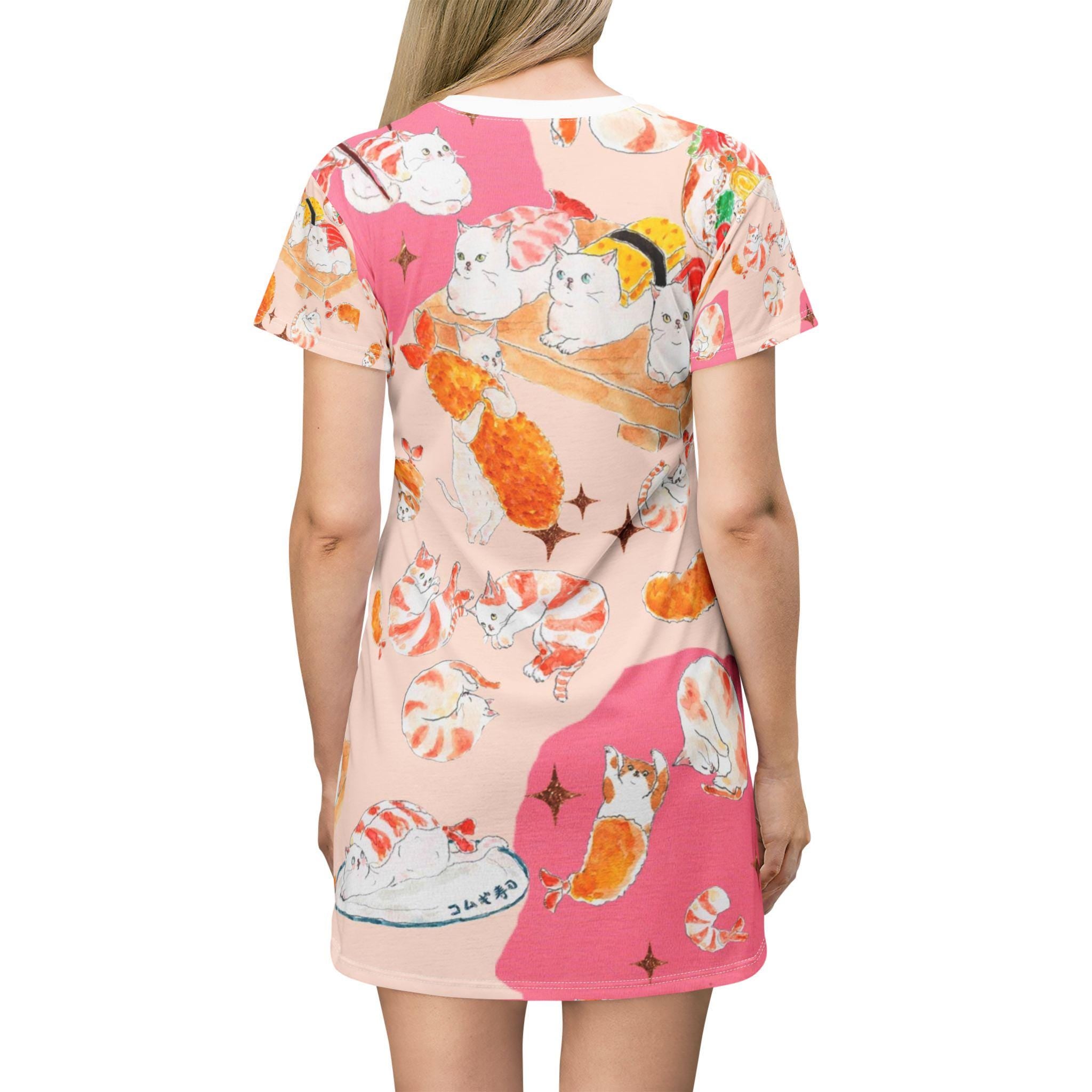 Sushi Cat T-Shirt Dress, Whimsical Pet Lover Outfit - Kitty TeeHees