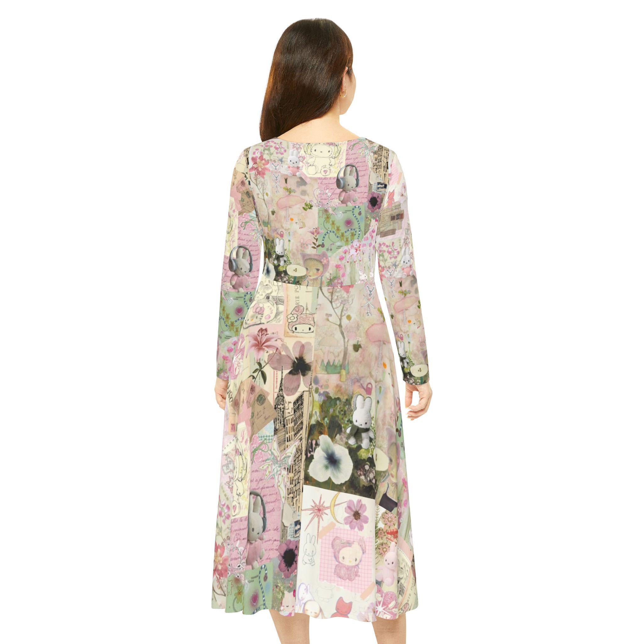 Hello Kitties Long Sleeve Dress, Floral Dance Party Dress - Kitty TeeHees