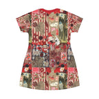 Newspaper Print T-Shirt Dress, Vintage Graphic Red Casual Dress - Kitty TeeHees
