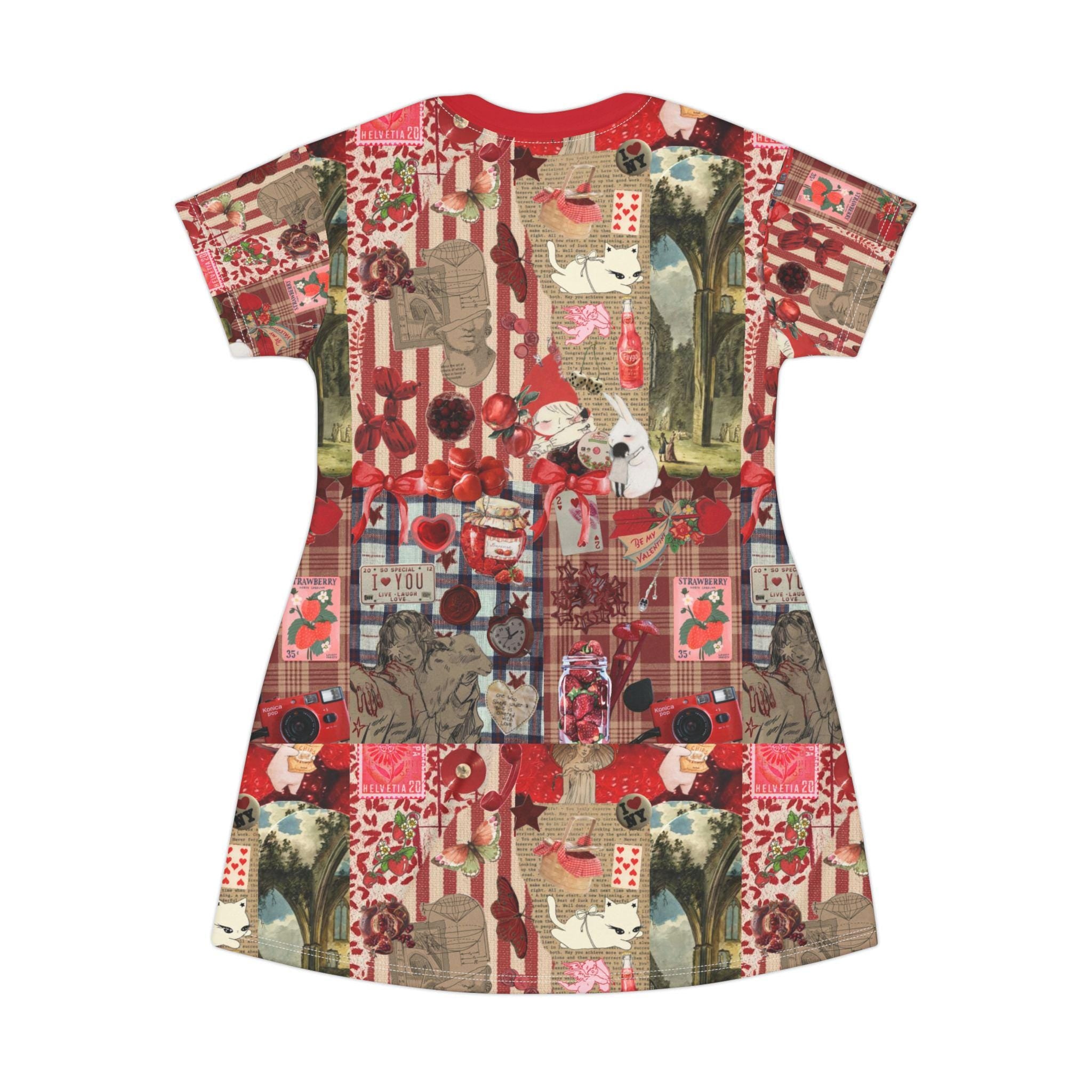Newspaper Print T-Shirt Dress, Vintage Graphic Red Casual Dress - Kitty TeeHees