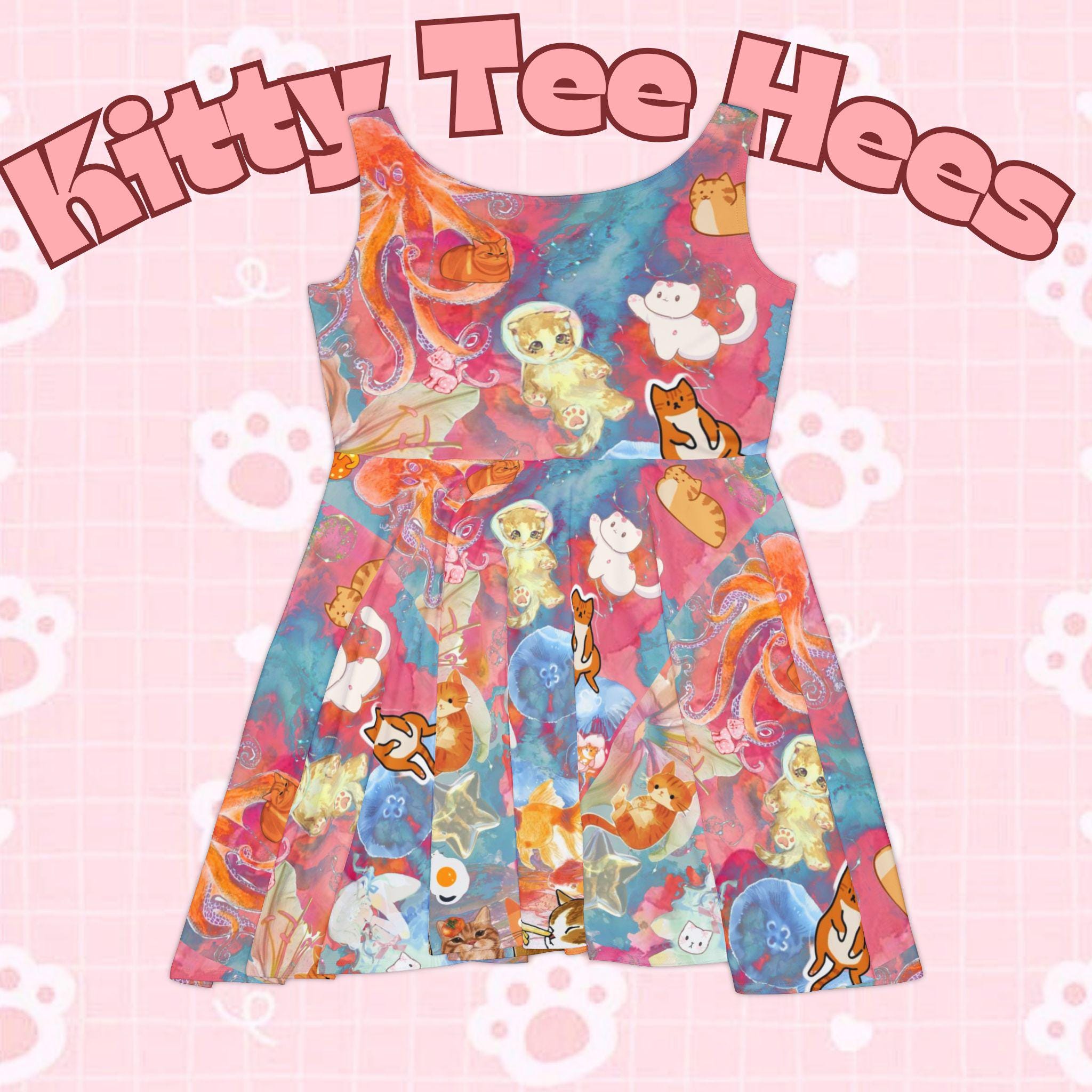 Orange Cat Skater Dress, comfy dress, animal print dress, colordul animal print clothing, Playful Party Fashion, fun dress - Kitty TeeHees