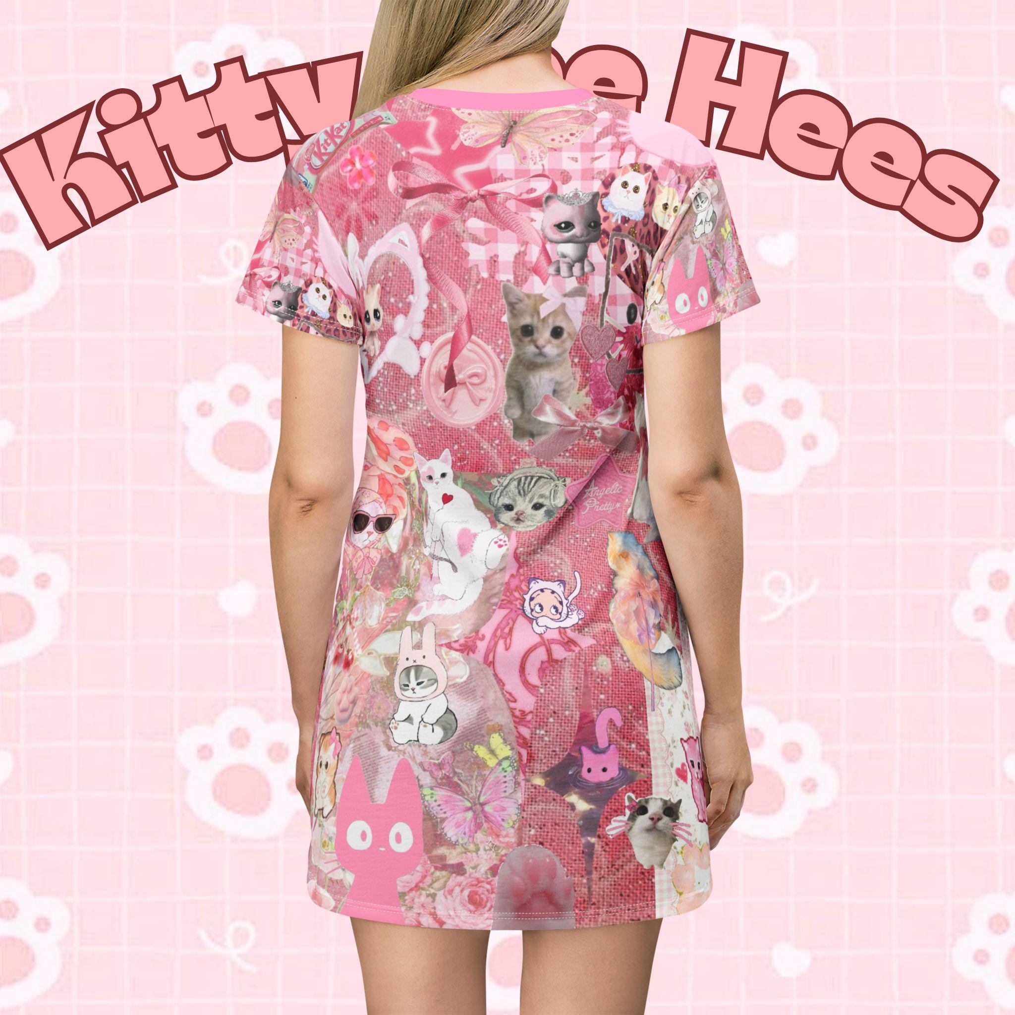 Pink Love Cat dress T-Shirt | Cute Heart Cat Graphic, cute cat dress, pretty maximalist - Kitty TeeHees