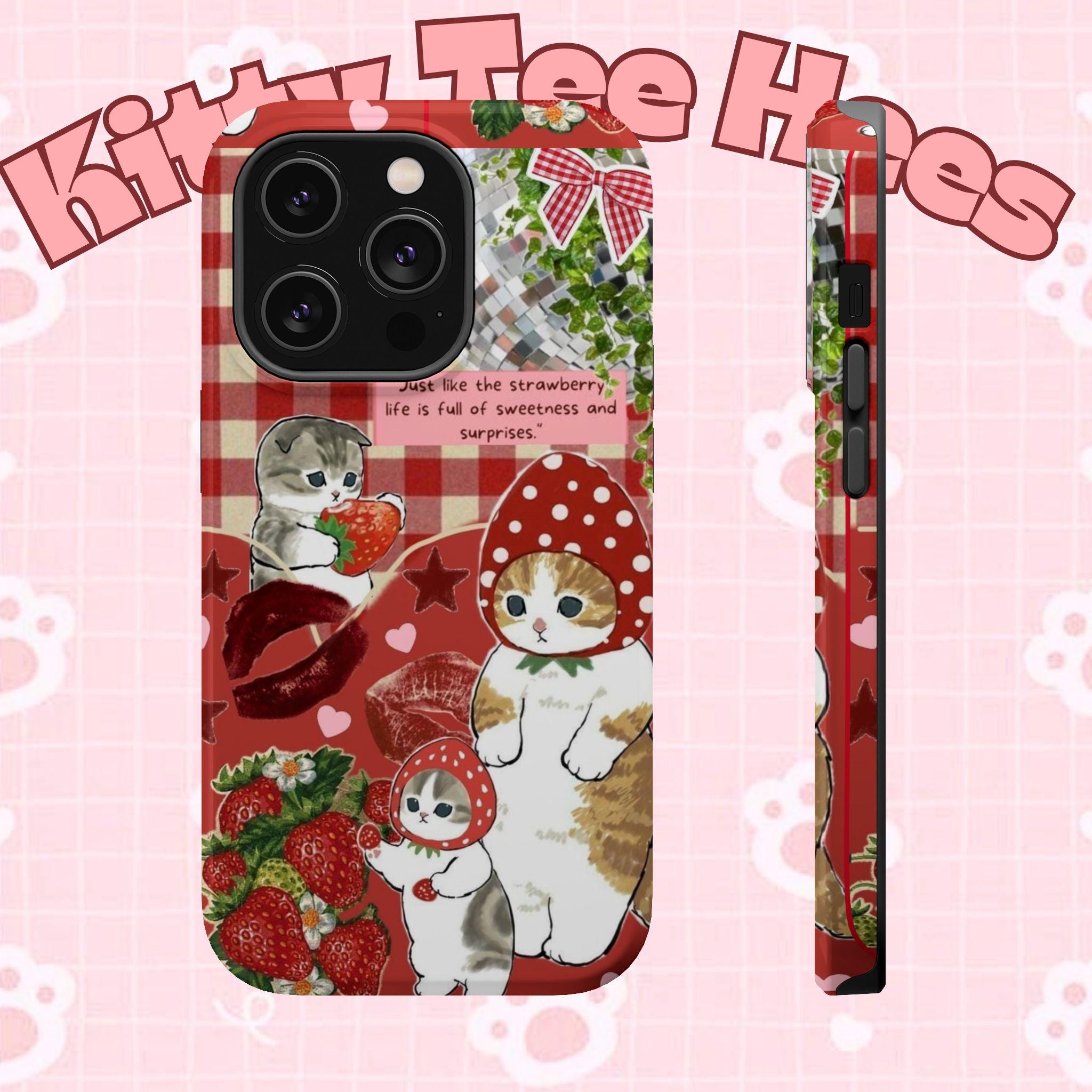 Cute strawberry Cat Magnetic Tough Cases Funny cat phone case, cute iphone 17 case Adorable Phone Case for Cat Lovers - Kitty TeeHees