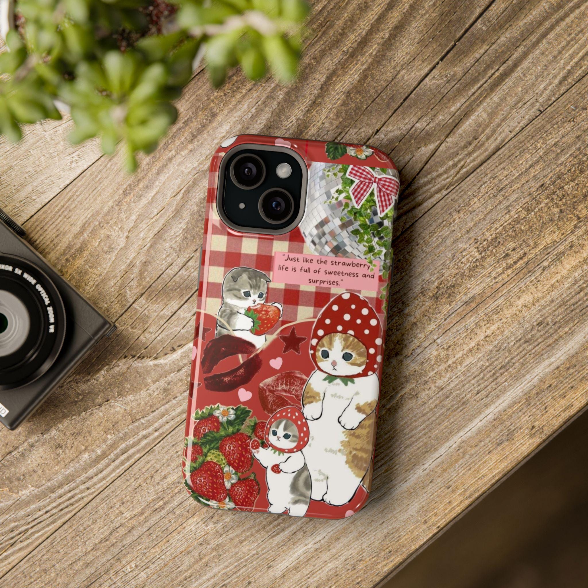 Cute strawberry Cat Magnetic Tough Cases Funny cat phone case, cute iphone 17 case Adorable Phone Case for Cat Lovers - Kitty TeeHees