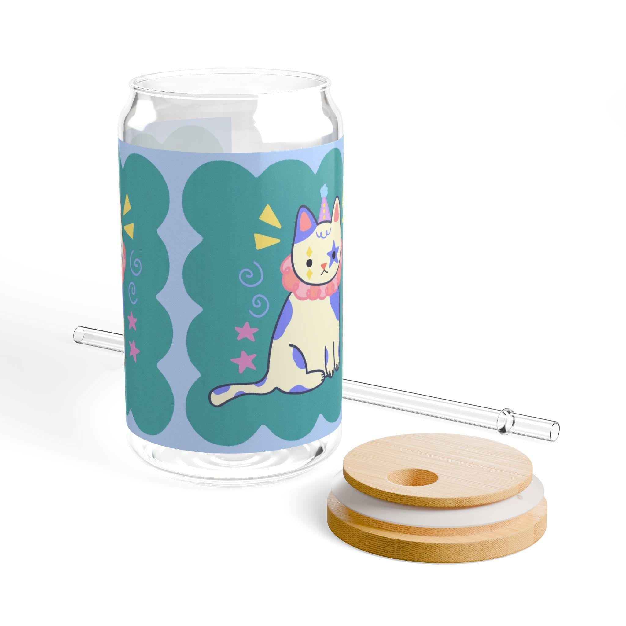 Clown Cat Sipper Glass, Fun Drinkware with Bamboo Lid - Kitty TeeHees