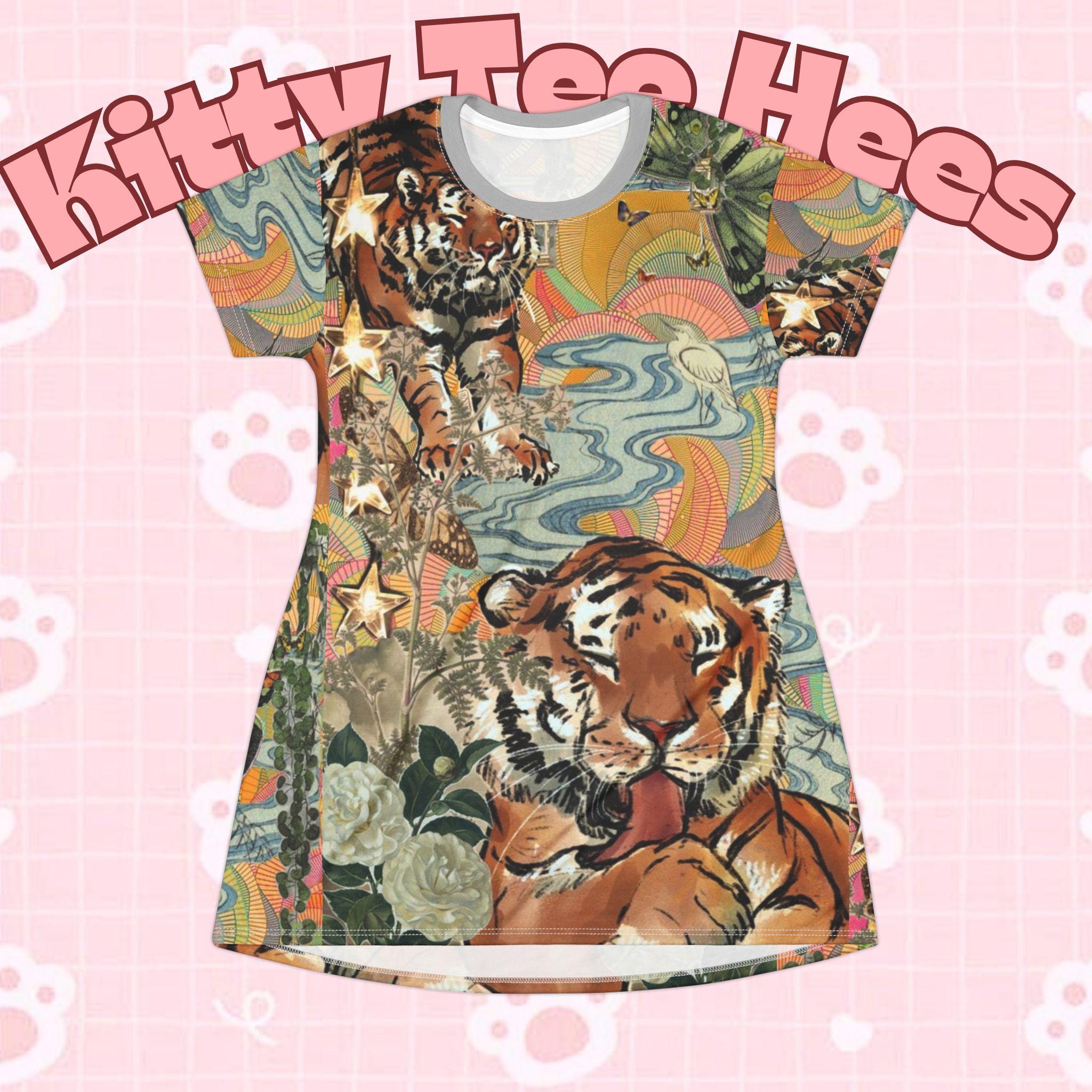 Tiger Print T-Shirt Dress, Comfy Summer Wear, Catlover Fashion - Kitty TeeHees