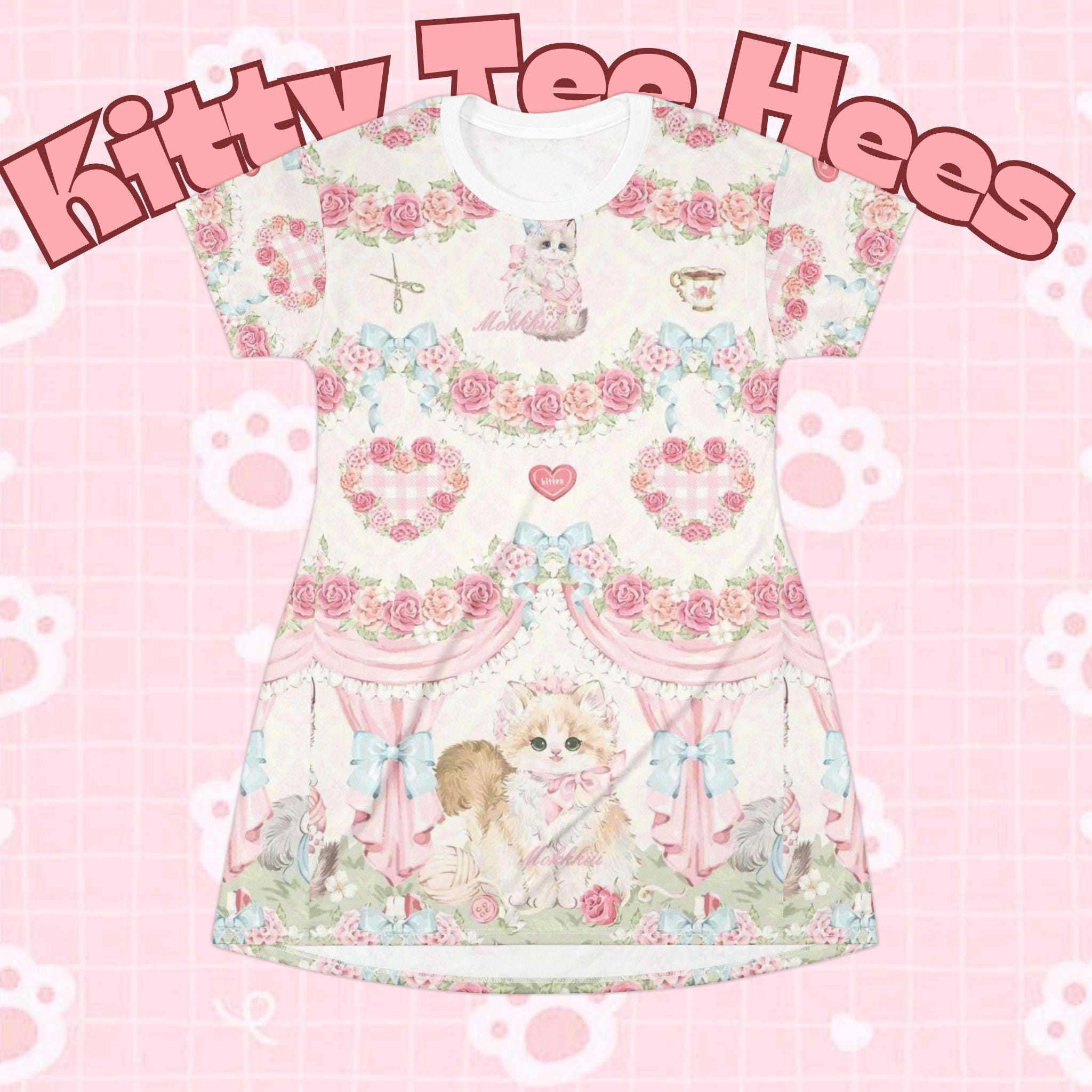 Decorated rose kitty Vintage Floral T-Shirt Dress, Cute Summer Dress, Girly AOP Dress, lolita Fashion, Pet Lover Gift, Floral Casual Wear - Kitty TeeHees