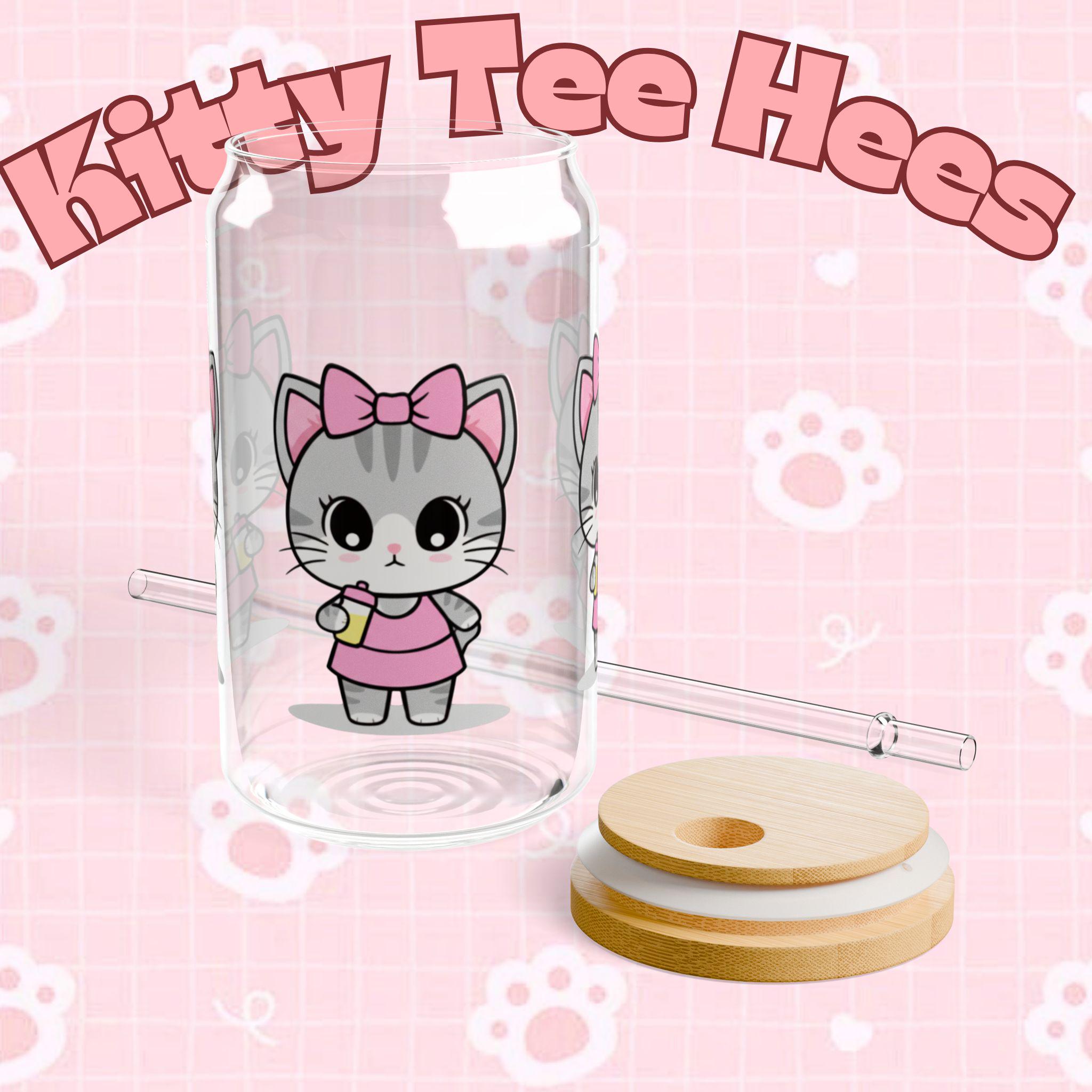 Yoga Kitty Glass Sipper Cup, Bamboo Lid & Straw, Pink Cat Design - Kitty TeeHees