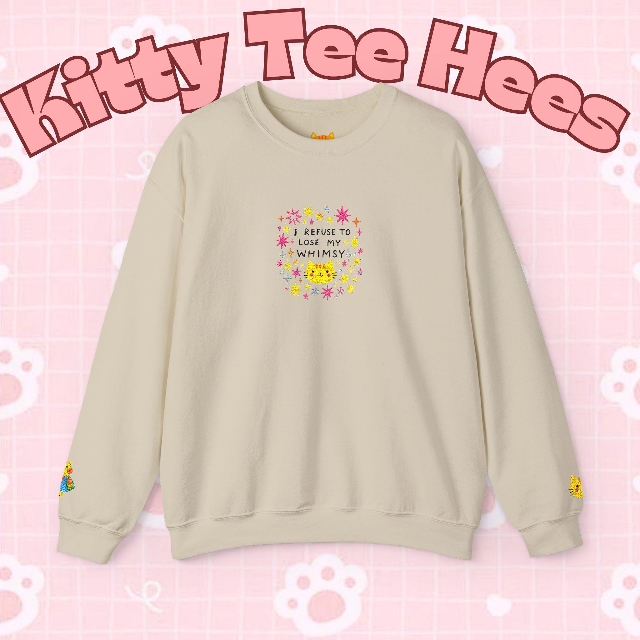 Kitty Tee Hees sweatshirt | Cute kitty illustration, pastel stars and flowers - Kitty TeeHees