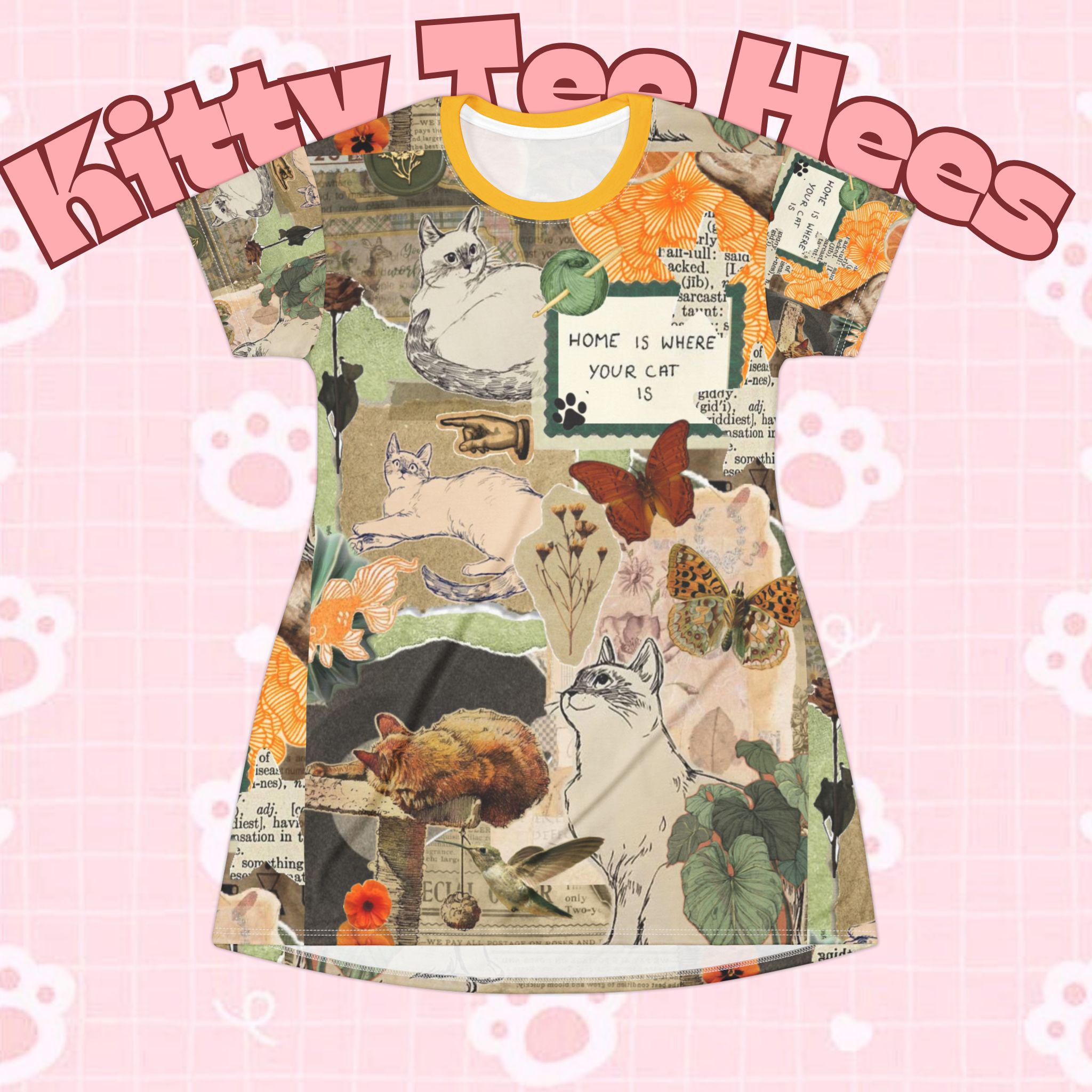 Newspaper Cat Print T-Shirt Dress: Cottagecore Summer Fashion - Kitty TeeHees
