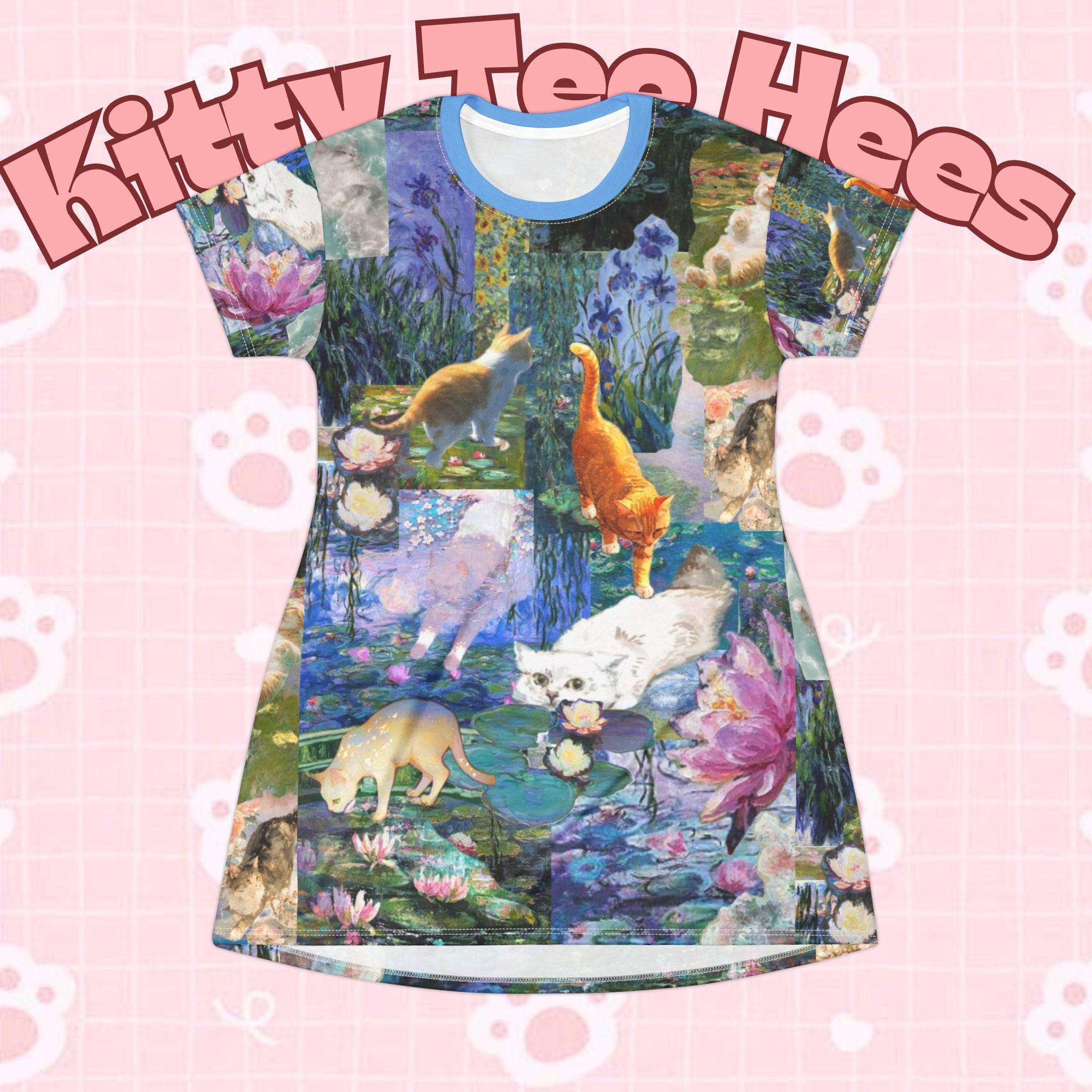 River Cats T-Shirt Dress, Famous Painting Inspired, Cat Lover Fashion - Kitty TeeHees