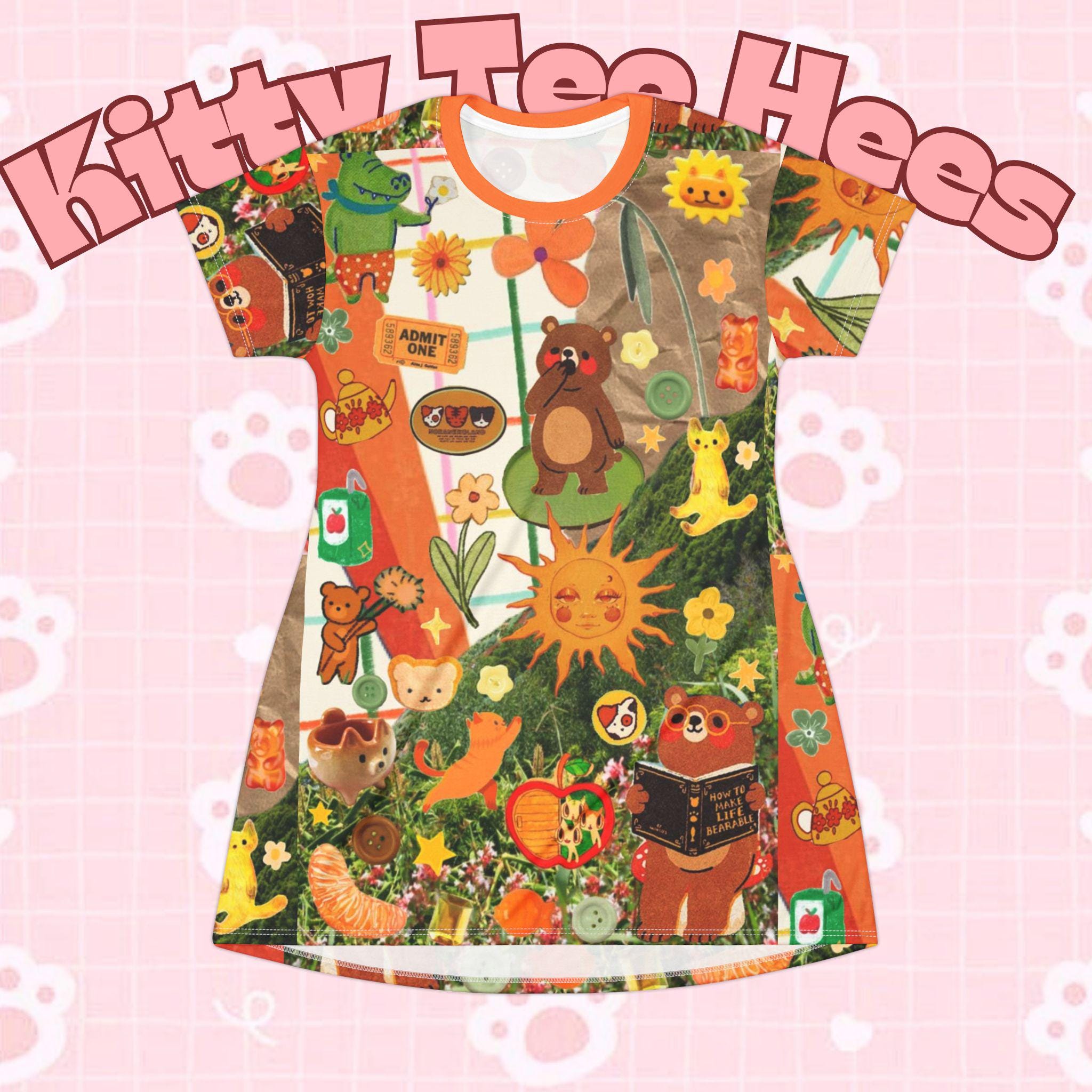 Beary Woods T-Shirt Dress, Whimsical Animal Print - Kitty TeeHees