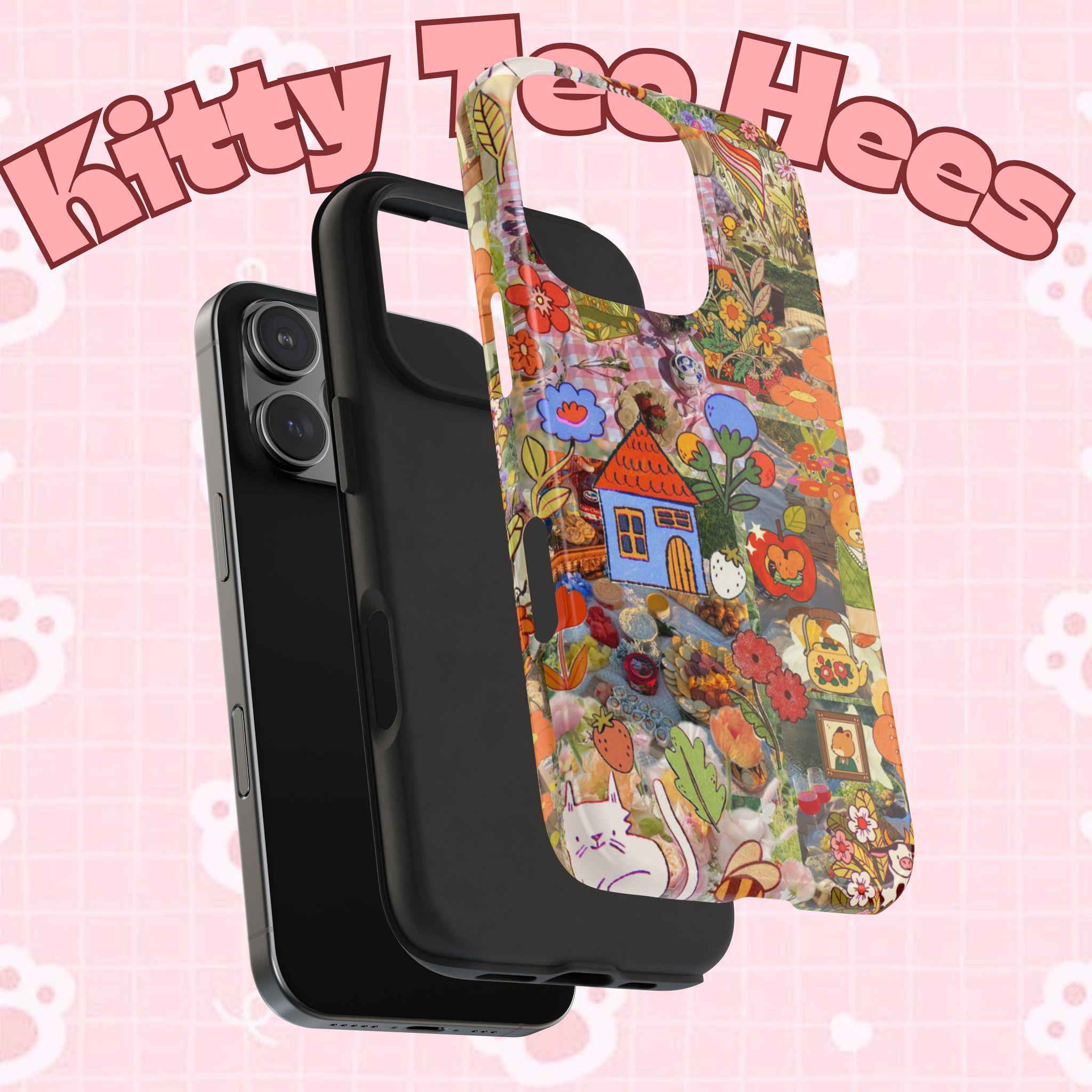 Bee kind to cats, iphone 17 case, Floral Tough Phone Cases, Cute Phone Cover, maximalist Gift, Floral Pattern, Nature Lover Gift - Kitty TeeHees